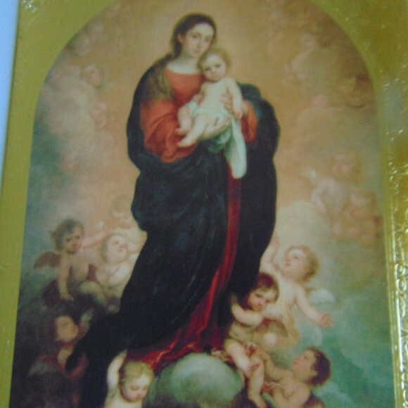 Mary holding Baby Jesus, Surrounded by Angels, Vintage Gold Metal Frame. 8 x 10 - Picture 2 of 10